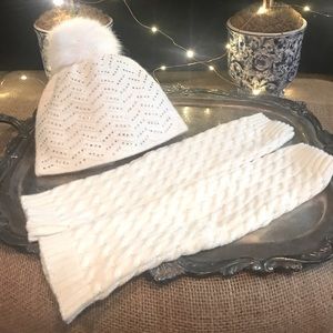 Nordstrom winter white, Crystal studded hat with matching arm warmers angora